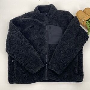 Lands End Full‎ Zip -Up Fleece Teddy Sherpa Jacket Pockets Black XL